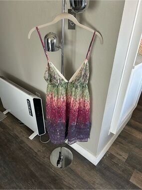 Sparkle & Fade Pink Green Purple Ombre Spaghetti-Strap Mini Silk Dress
